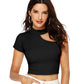 Model wearing a trendy black one shoulder crop top with cut-out detail, front view.