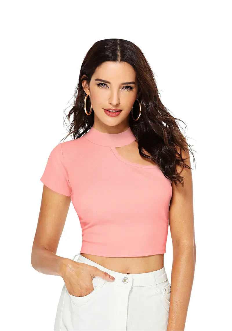 Model wearing a trendy peach one shoulder crop top with cut-out detail, front view.