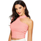 Model wearing a trendy peach one shoulder crop top with cut-out detail, left view.