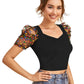 Black Polka-Dot Print Net Sleeves Top