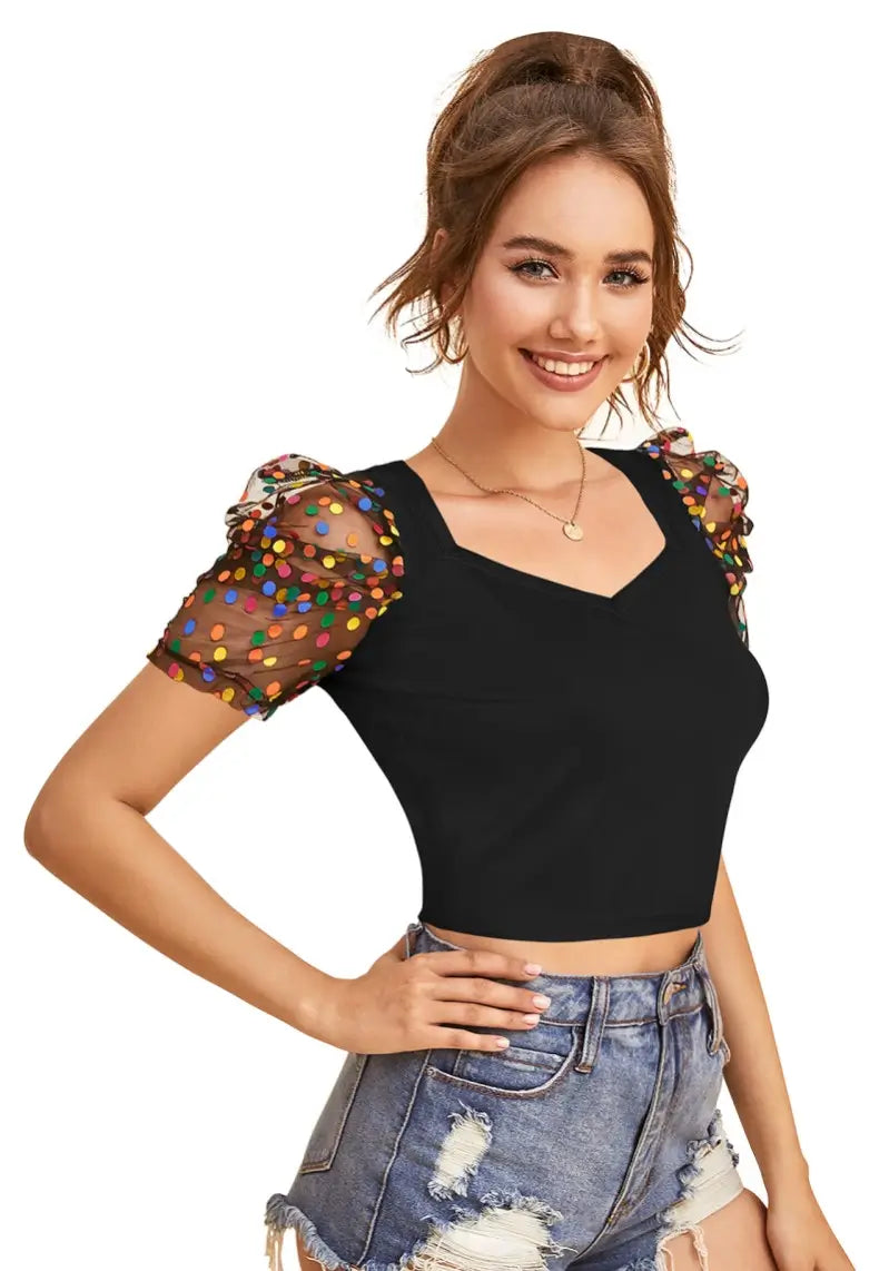 Black Polka-Dot Print Net Sleeves Top