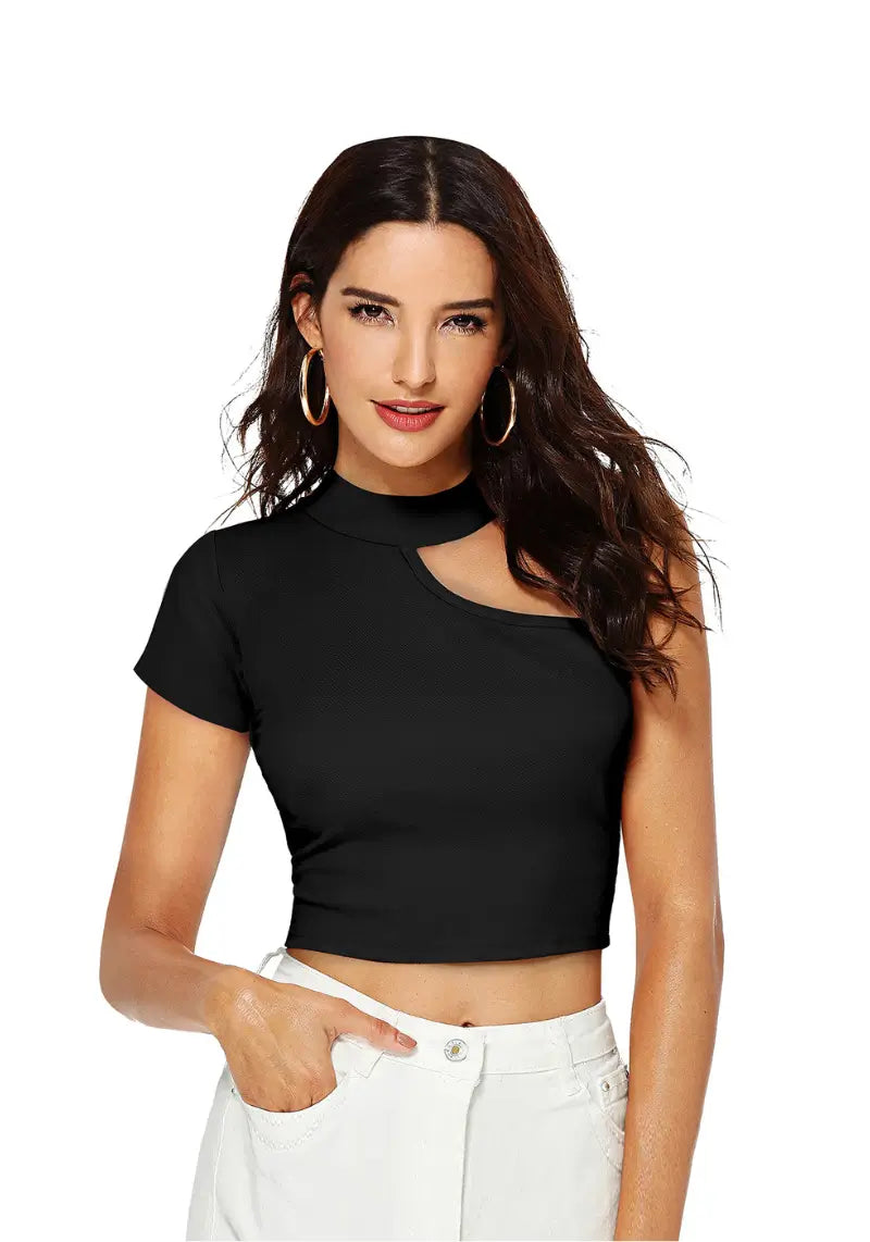 Trendy Black One Shoulder Crop Top