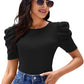 Black Solid Puff Sleeve Crop Top