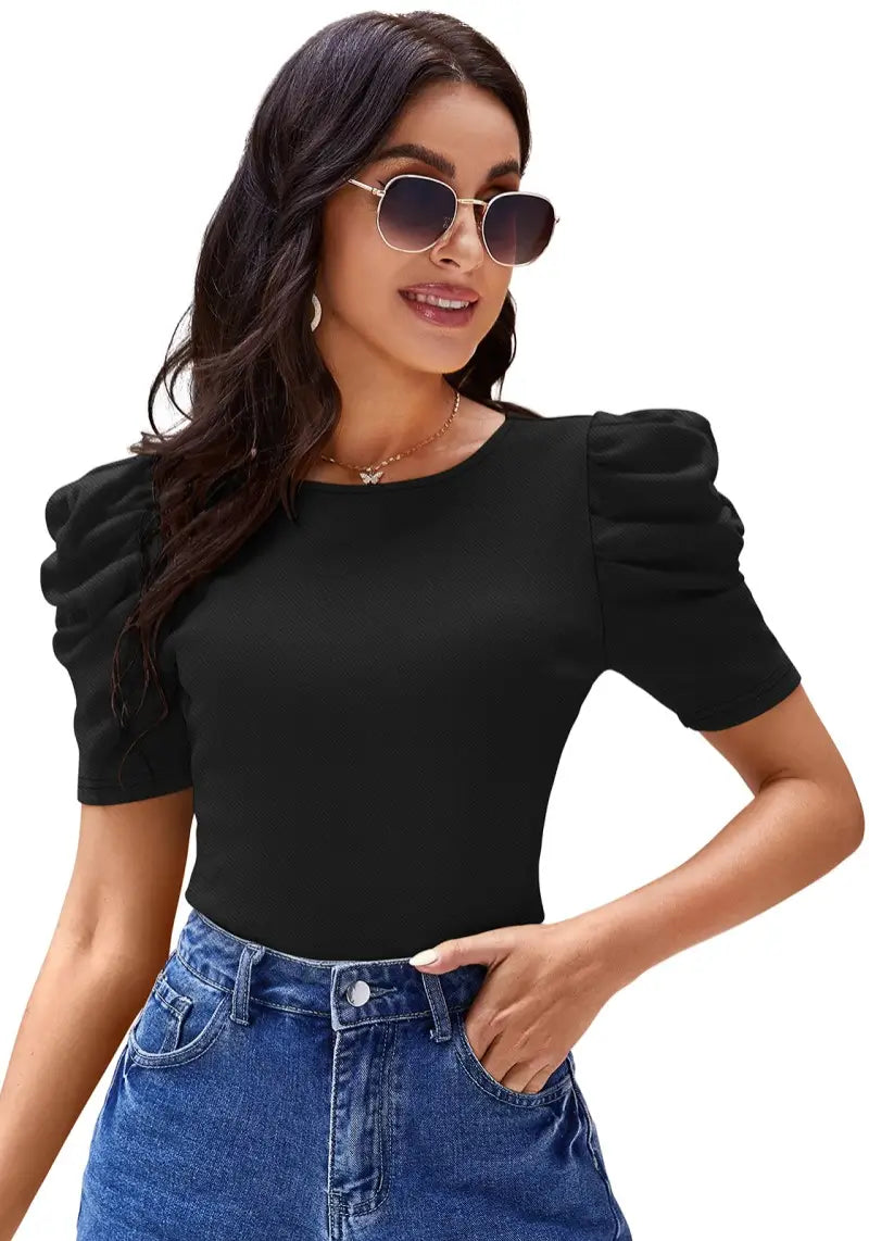 Black Solid Puff Sleeve Crop Top