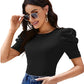 Black Solid Puff Sleeve Crop Top