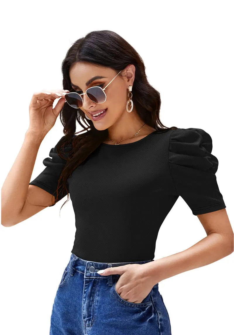 Black Solid Puff Sleeve Crop Top