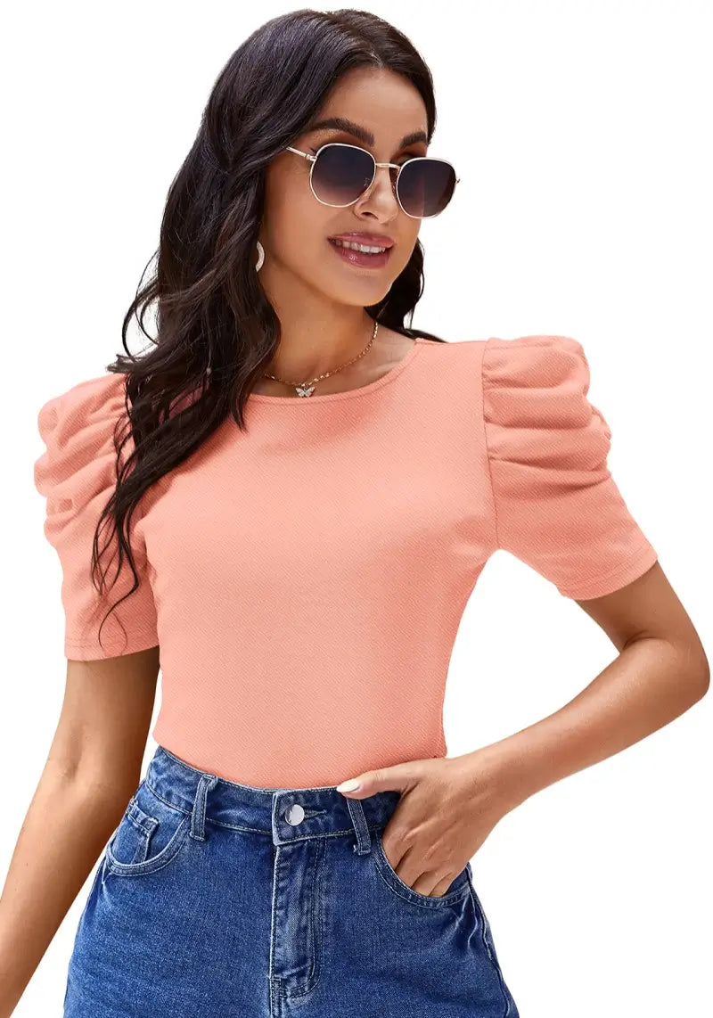 Peach Solid Puff Sleeve Crop Top