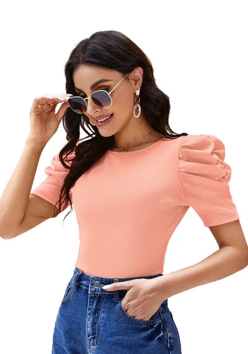 Peach Solid Puff Sleeve Crop Top