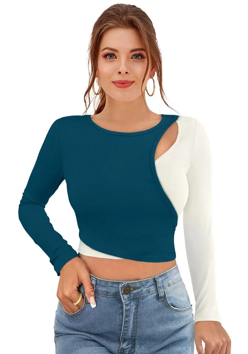 Women’s Colorblock Keyhole Design Full Sleeves Crop Top