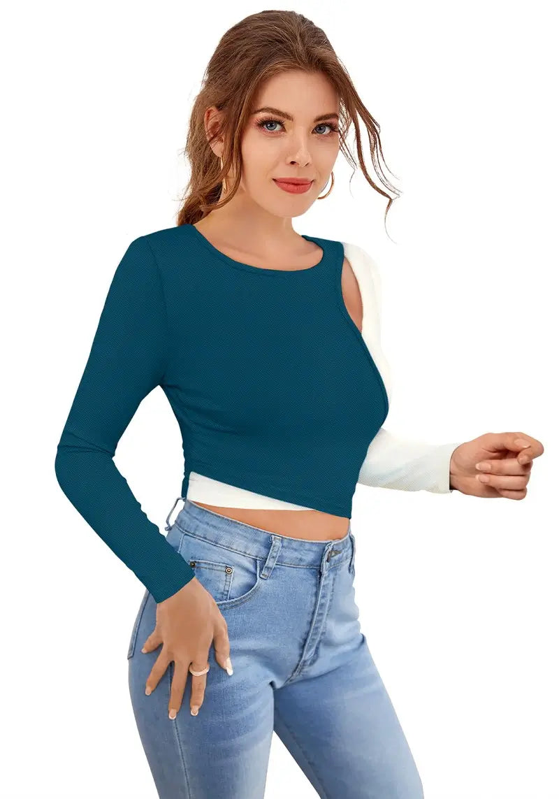 Women’s Colorblock Keyhole Design Full Sleeves Crop Top