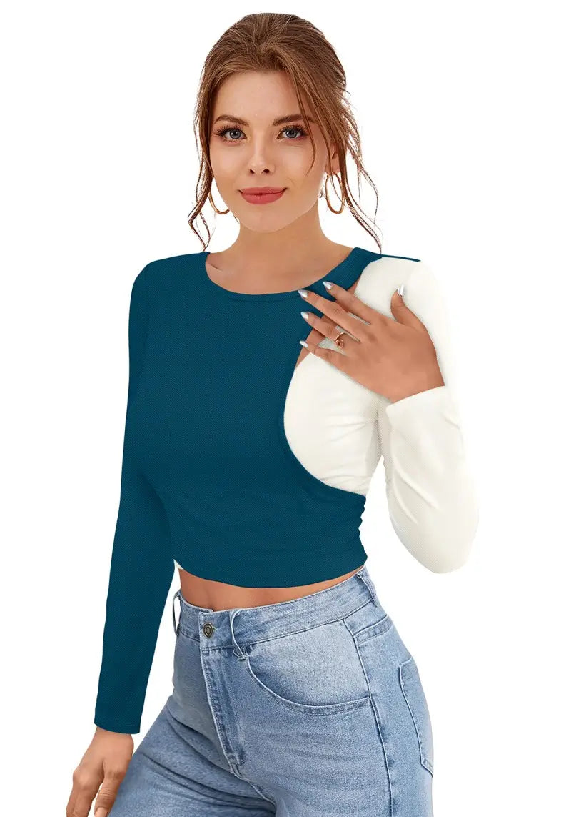 Women’s Colorblock Keyhole Design Full Sleeves Crop Top