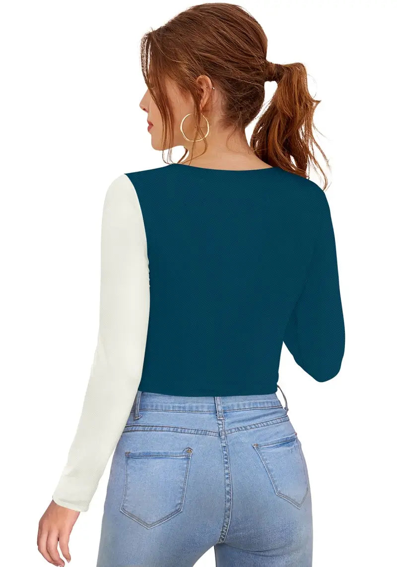 Women’s Colorblock Keyhole Design Full Sleeves Crop Top