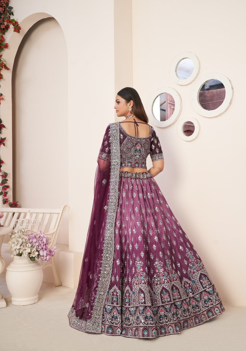 Party Wear Exquisite Wine Sequins Embroidered Lehenga Choli