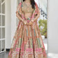 A front view of Model wearing Beige Multicolor Embroidered Lehenga Set with printed chinnon silk and zari-dori detailing.