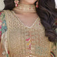 Detailed close-up of zari and dori embroidery on sheer-patterned chinnon silk blouse with scalloped hem