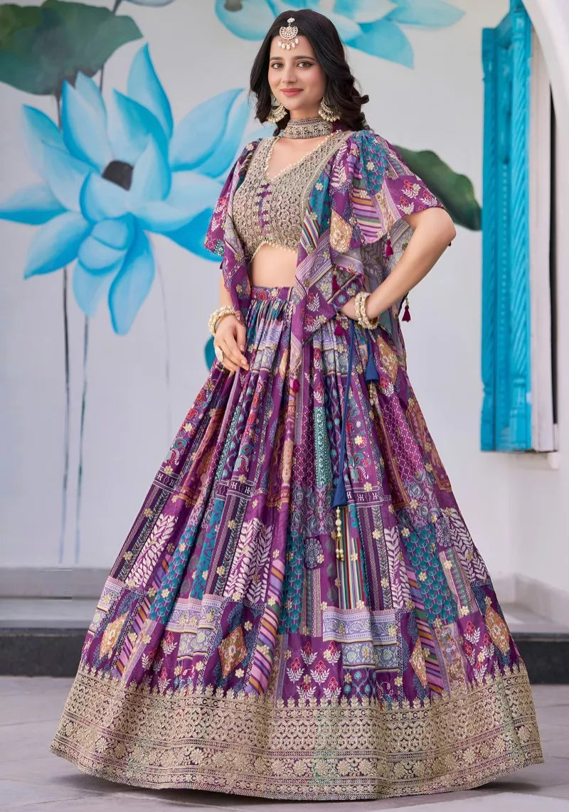 Stunning Purple Chinnon Silk Lehenga Set with Zari Embroidery