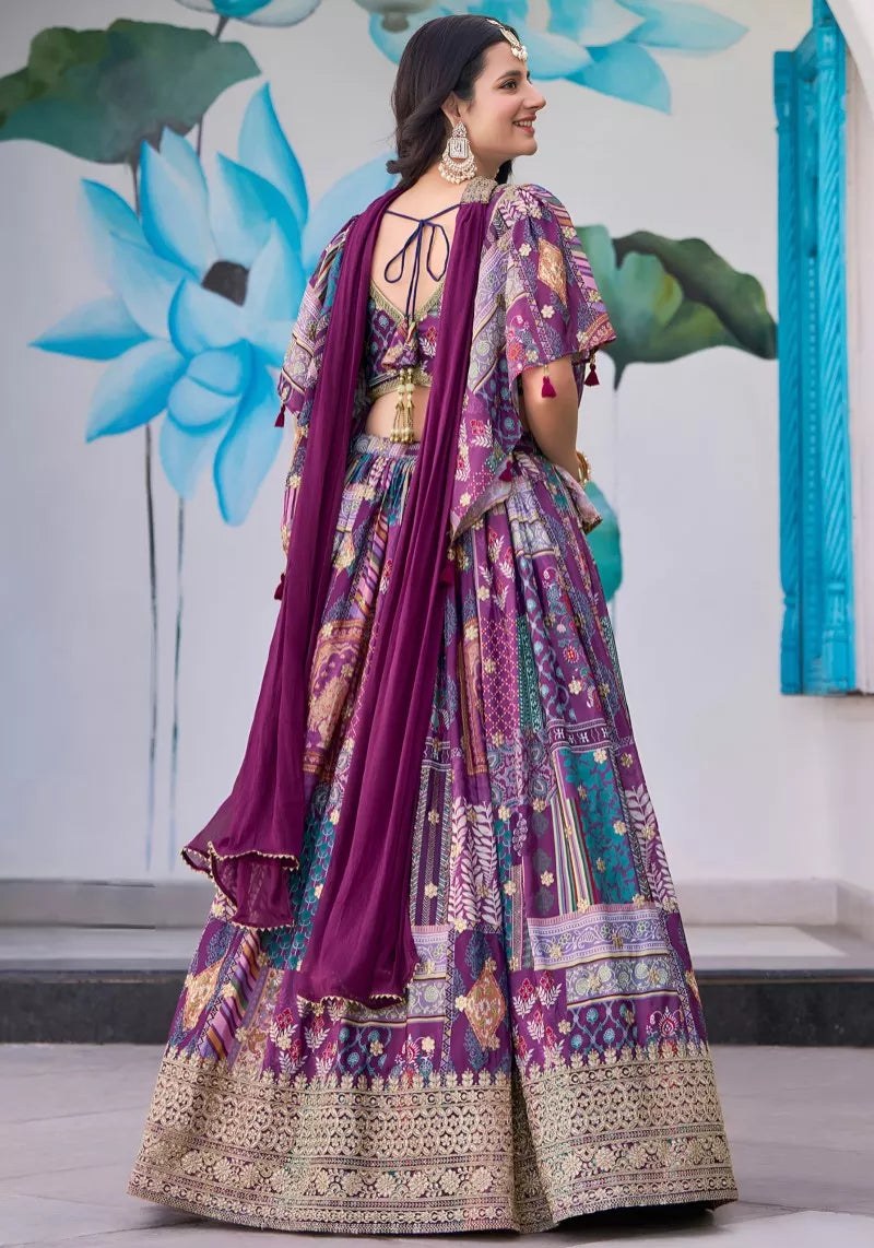Stunning Purple Chinnon Silk Lehenga Set with Zari Embroidery