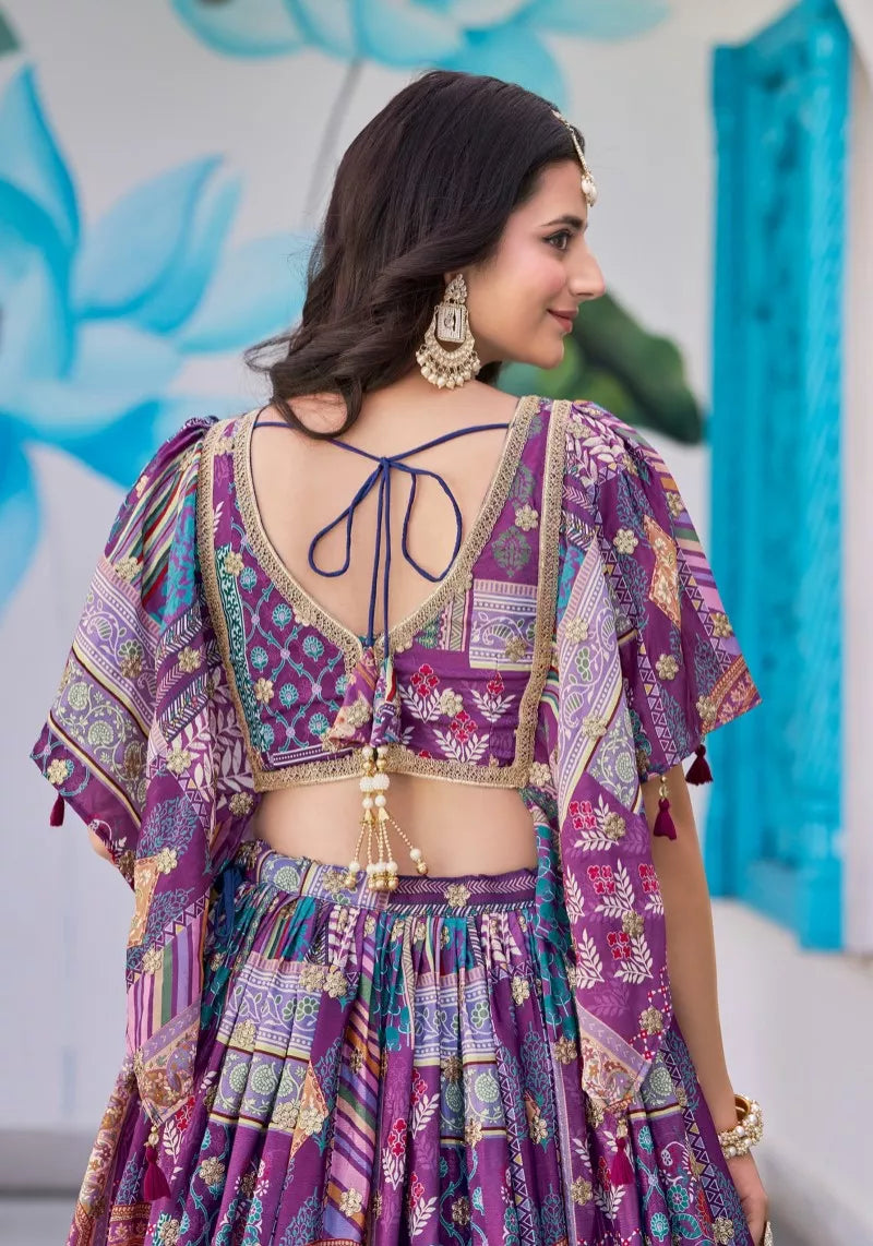 Stunning Purple Chinnon Silk Lehenga Set with Zari Embroidery