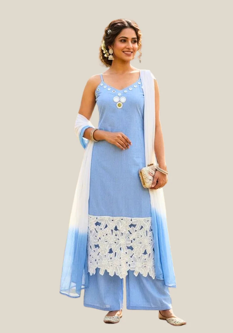 Sky Grace Mirror & Lace Work Cotton Kurta Palazzo & Dupatta Set