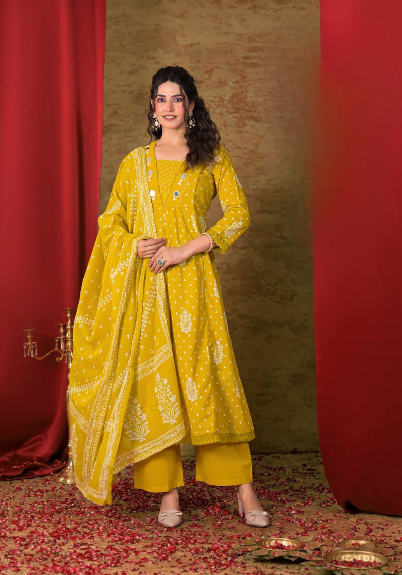 Mustard Bloom Handblock Printed Anarkali Suit Set with Dupatta