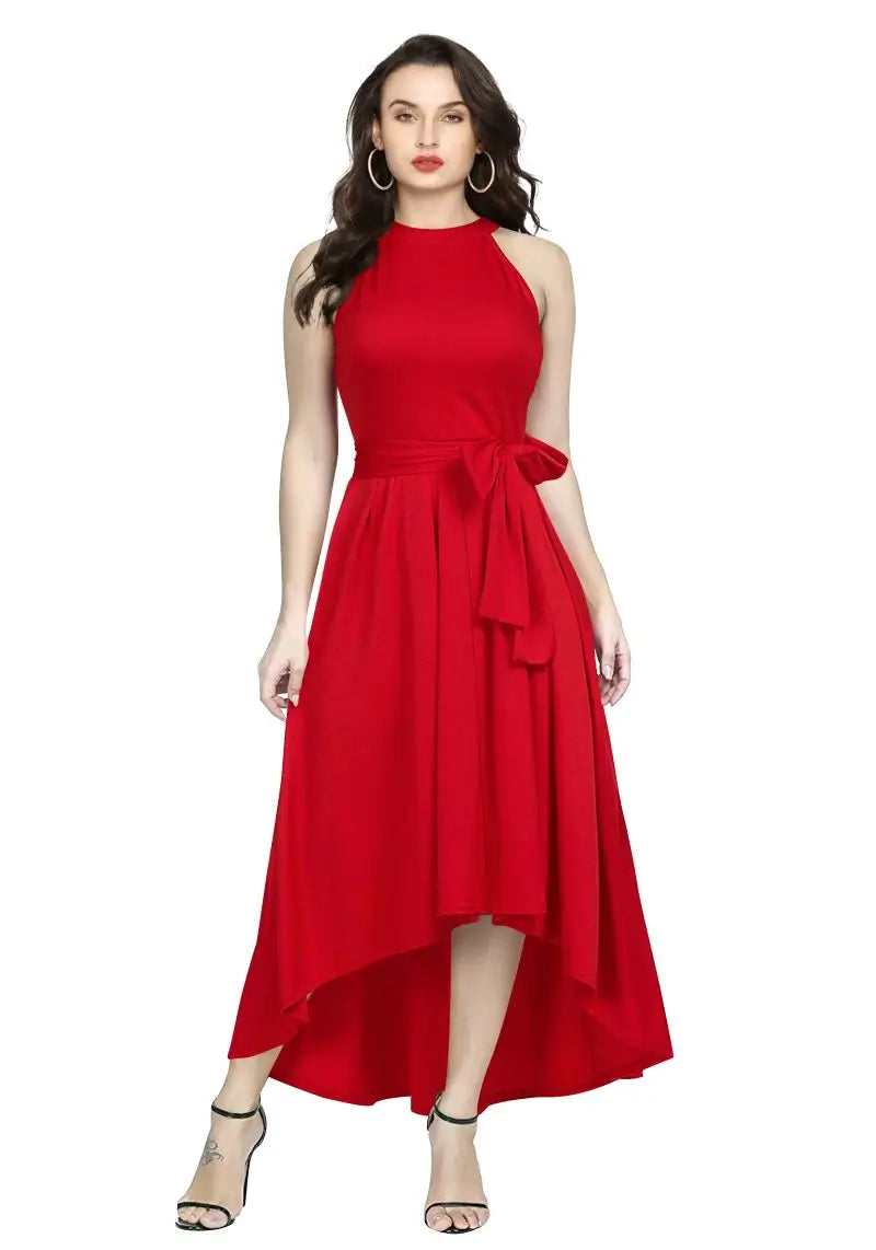 Front view of the model wearing a red, V-neck, sleeveless, high-low knee one-piece dress with a wrap-around belt.