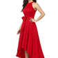 Left view of the model wearing a sleeveless halterneck , Western One Piece Dress in red with a wrap-around belt.