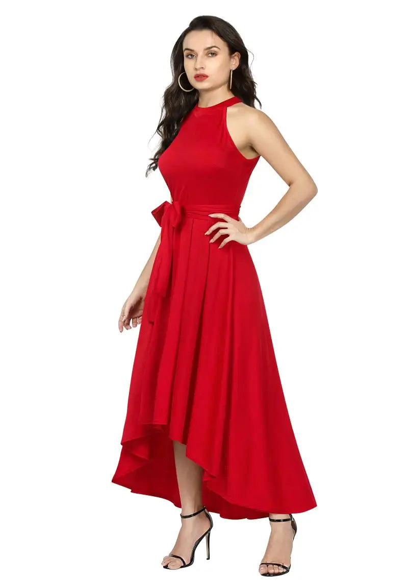 Left view of the model wearing a sleeveless halterneck , Western One Piece Dress in red with a wrap-around belt.