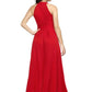 Back view of the model wearing a sleeveless halterneck , Western One Piece Dress in red with a wrap-around belt.