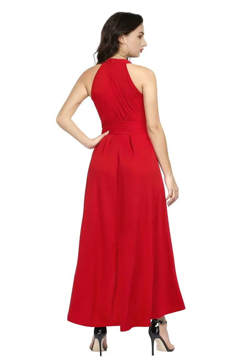 Back view of the model wearing a sleeveless halterneck , Western One Piece Dress in red with a wrap-around belt.