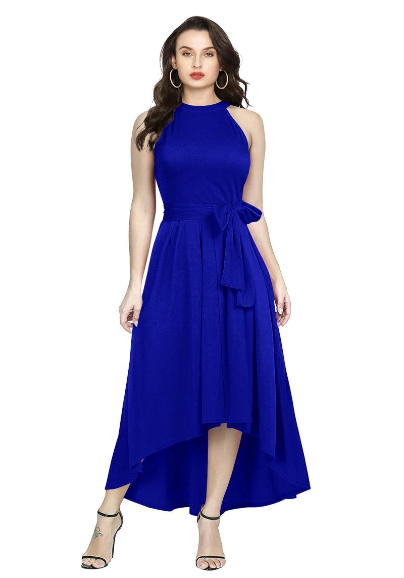 Front view of the model showcasing the  silhoutte of Western One Piece Dress in Royal Blue featuring high low pattern with waist belt.