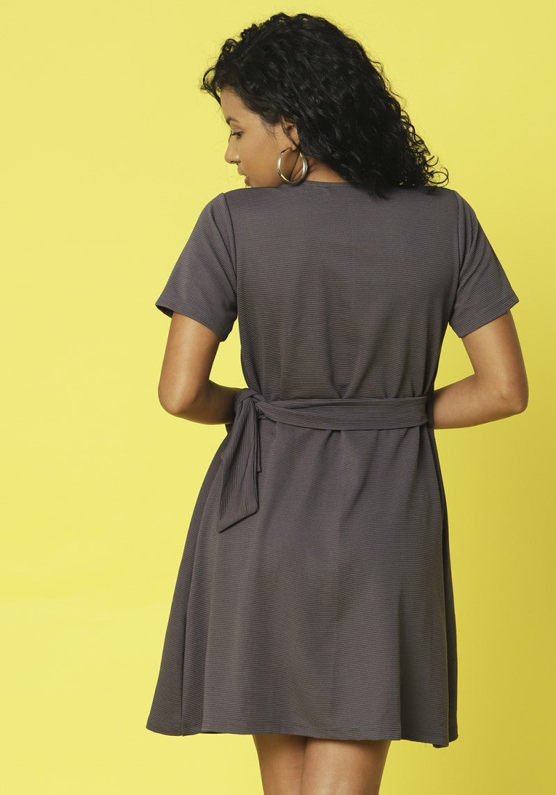 Charcoal Poly Corduroy Wrap Dress