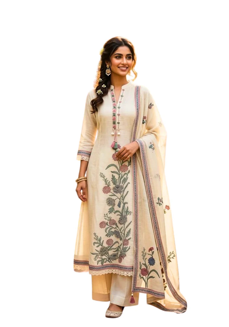 Woman wearing a cream-colored embroidered traditional outfit on a white background