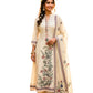 Woman wearing a cream-colored embroidered traditional outfit on a white background