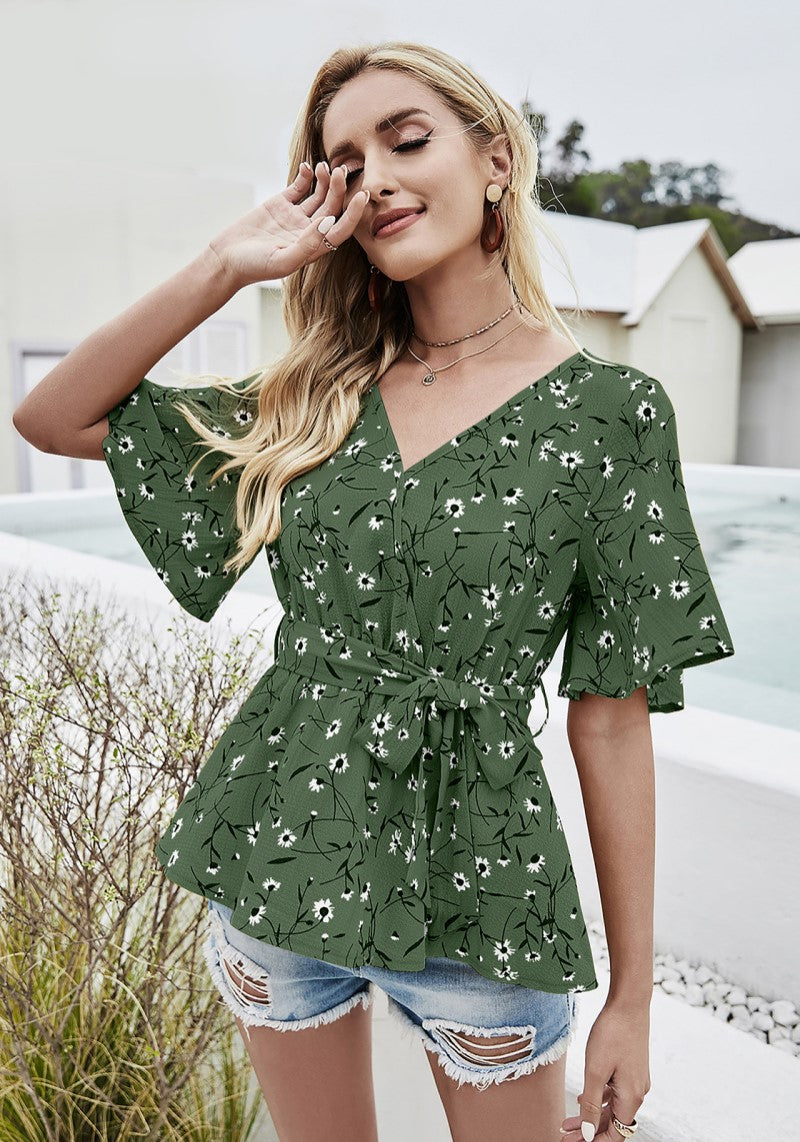 Floral Charm Printed Ruby Cotton Peplum Top