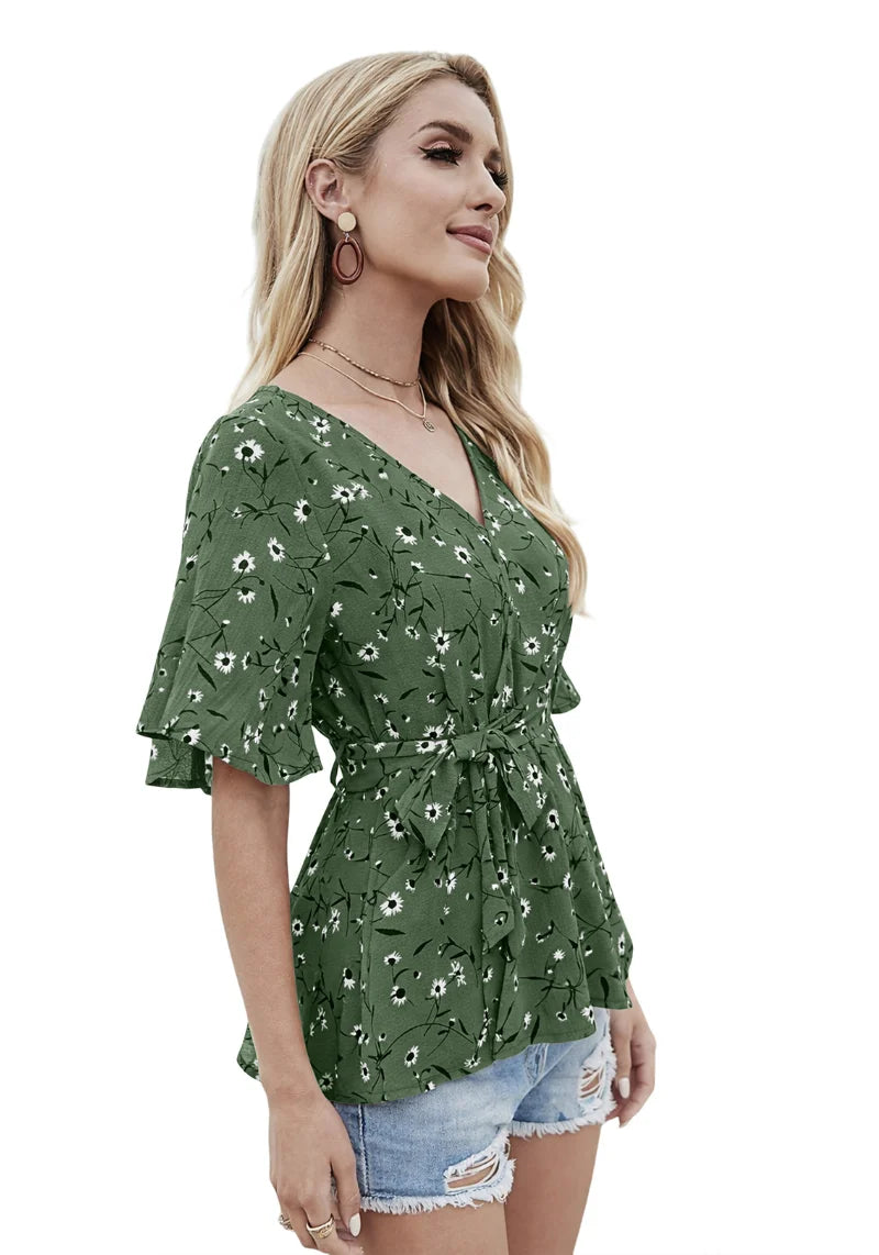 Floral Charm Printed Ruby Cotton Peplum Top