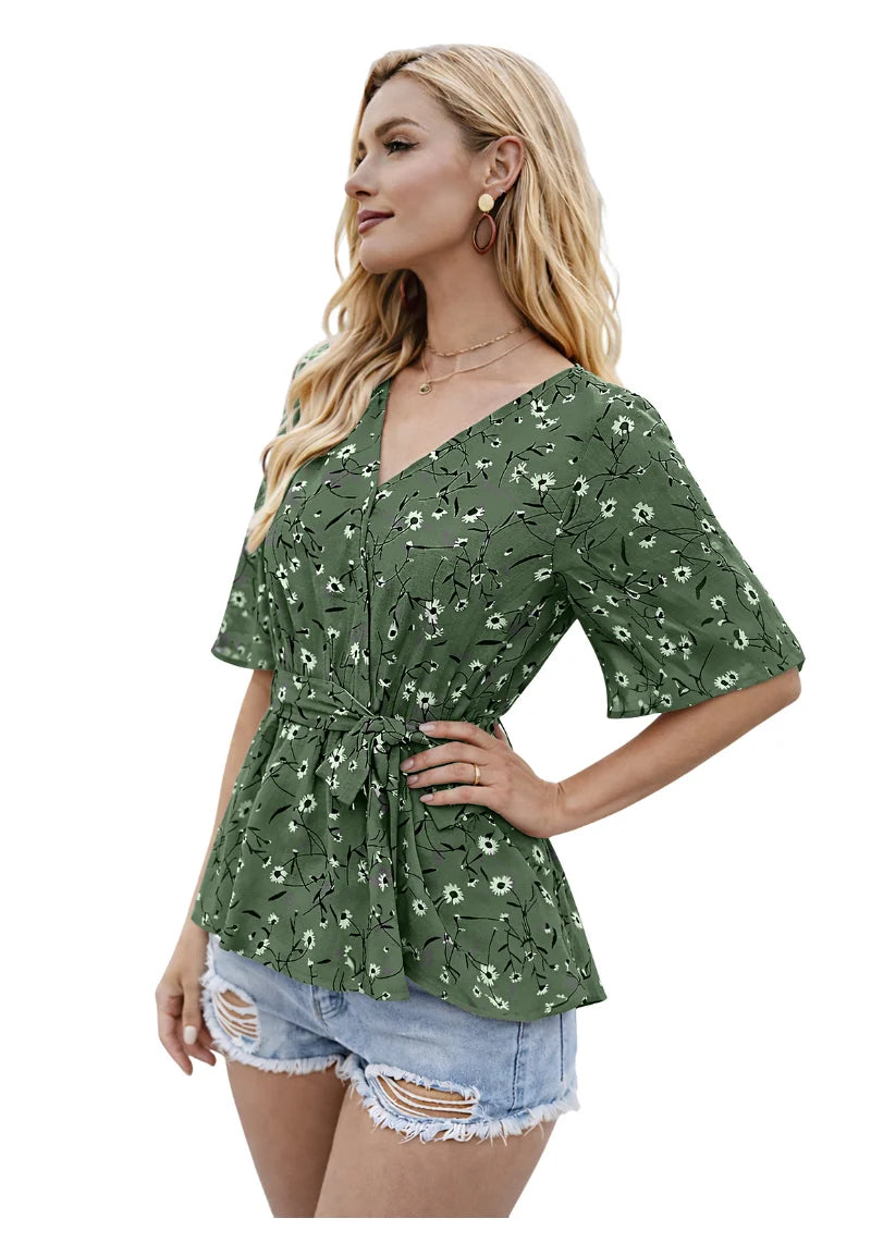 Floral Charm Printed Ruby Cotton Peplum Top