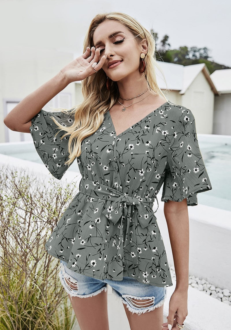 Floral Charm Printed Ruby Cotton Peplum Top