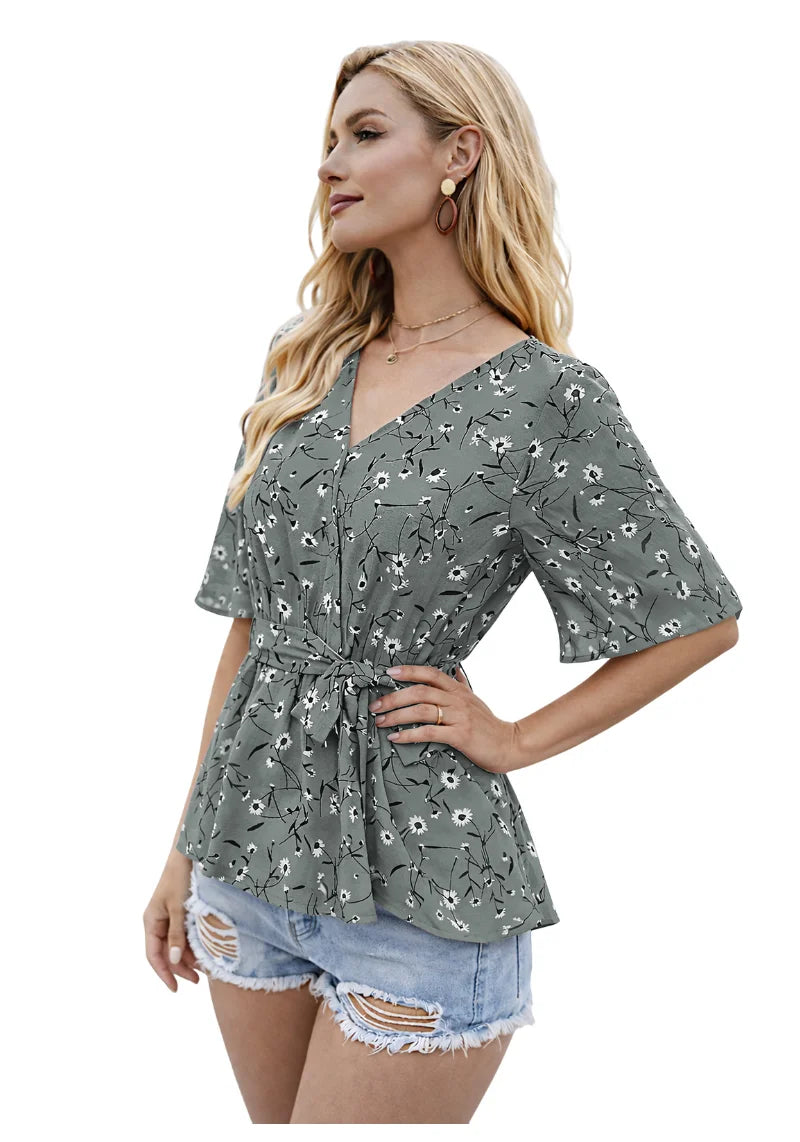 Floral Charm Printed Ruby Cotton Peplum Top