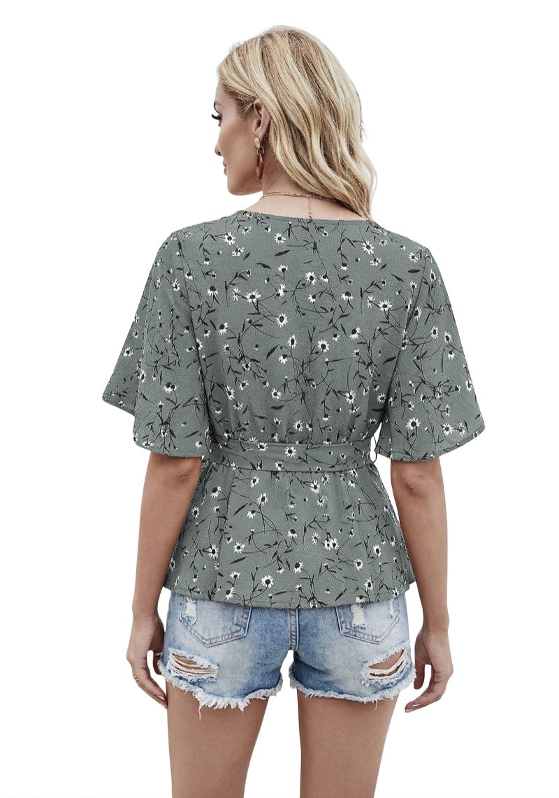 Floral Charm Printed Ruby Cotton Peplum Top