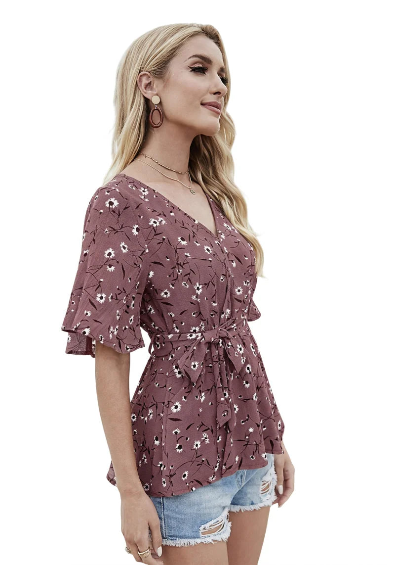 Floral Charm Printed Ruby Cotton Peplum Top