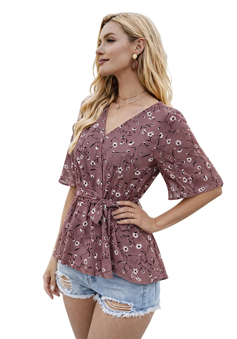 Floral Charm Printed Ruby Cotton Peplum Top