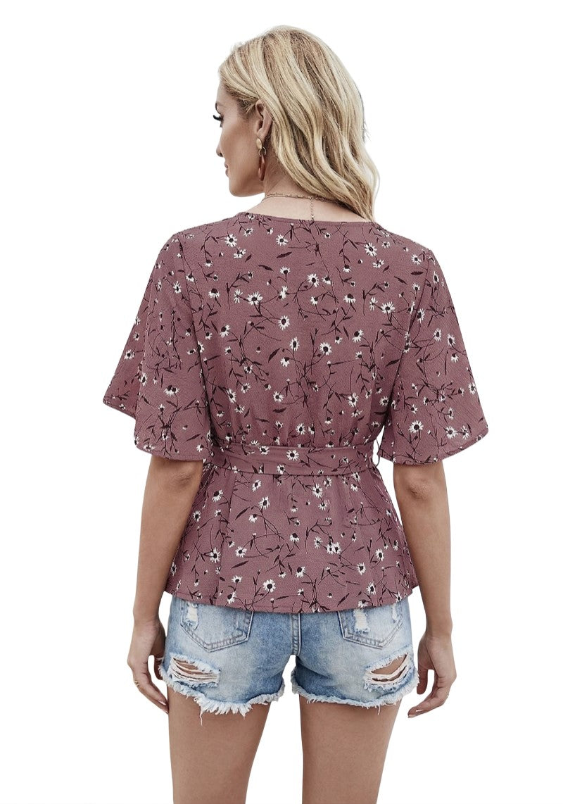 Floral Charm Printed Ruby Cotton Peplum Top