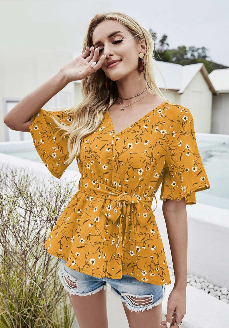 Floral Charm Printed Ruby Cotton Peplum Top