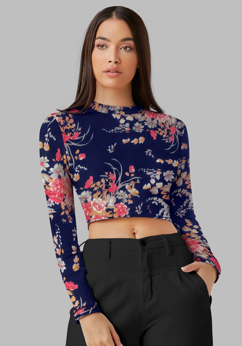Snazzyhunt Trendy Floral Crop Top- front view- elegant navy blue