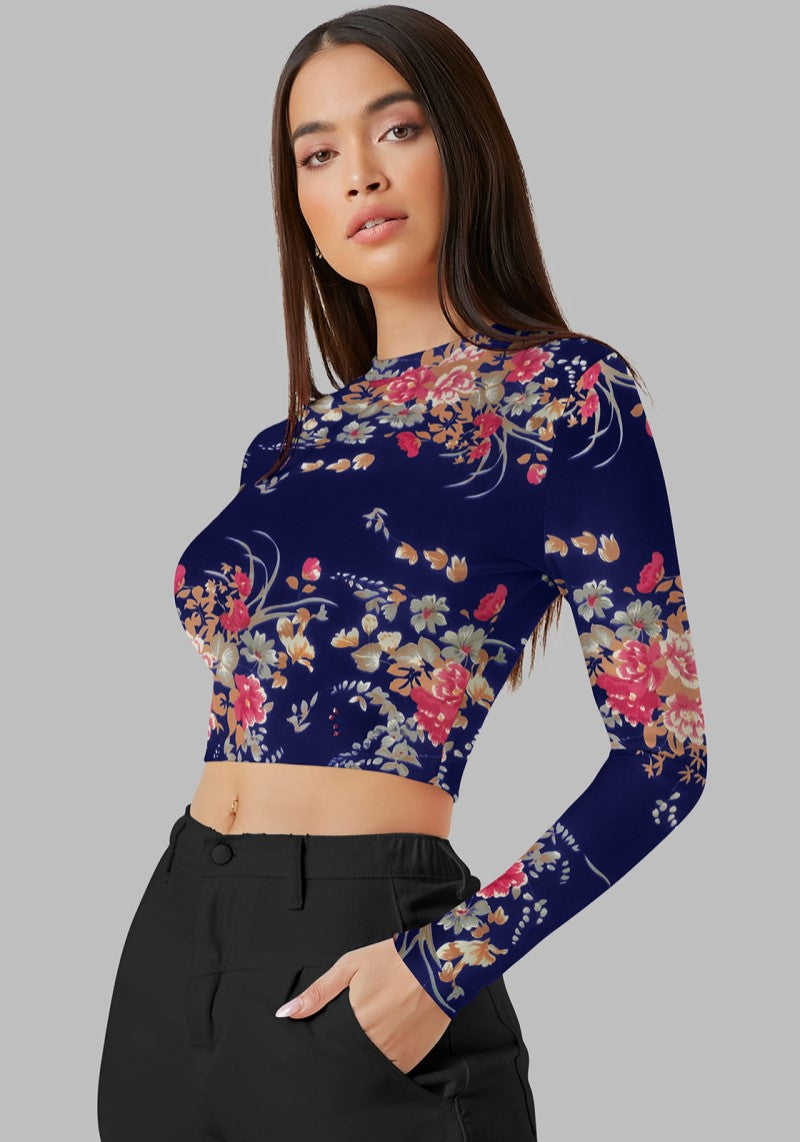 Left side view of the model wearing Snazzyhunt Trendy Floral Crop Top