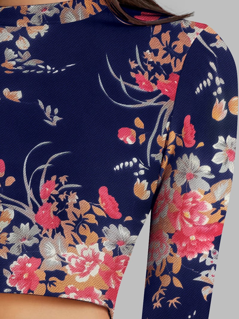 Close up of the model wearing Snazzyhunt Trendy Floral Crop Top in navy blue
