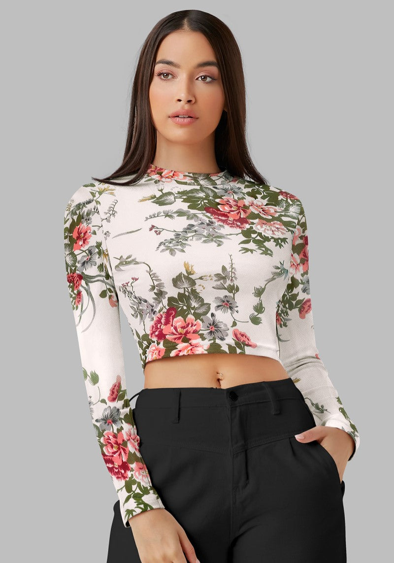 Front view of the model wearing Snazzyhunt Trendy Floral Crop Top in Pearl White