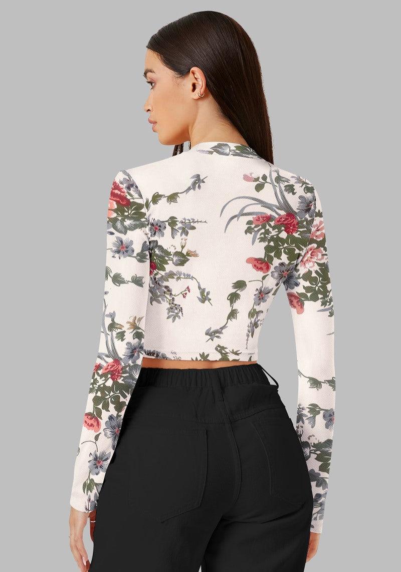 Back view of the model wearing Snazzyhunt Trendy Floral Crop Top in white color