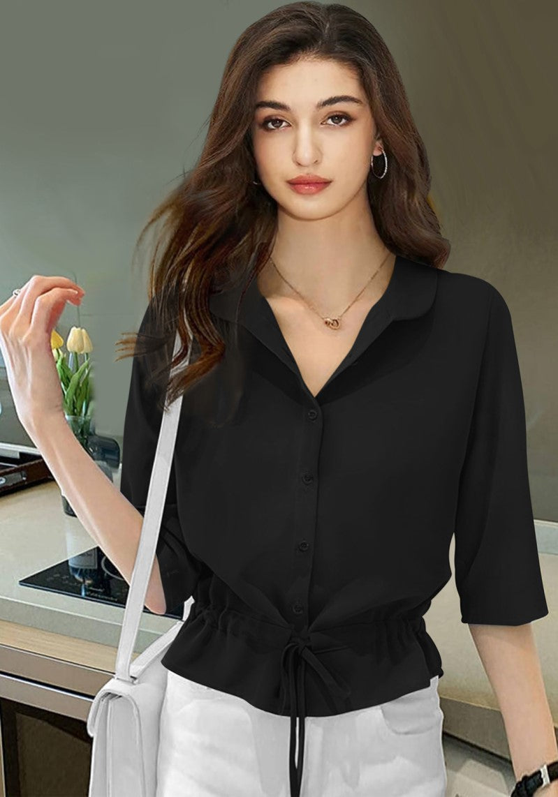 Front view of the model wearing a Chic Vista Solid Shirt Top with Drawstring Waist in elegant black