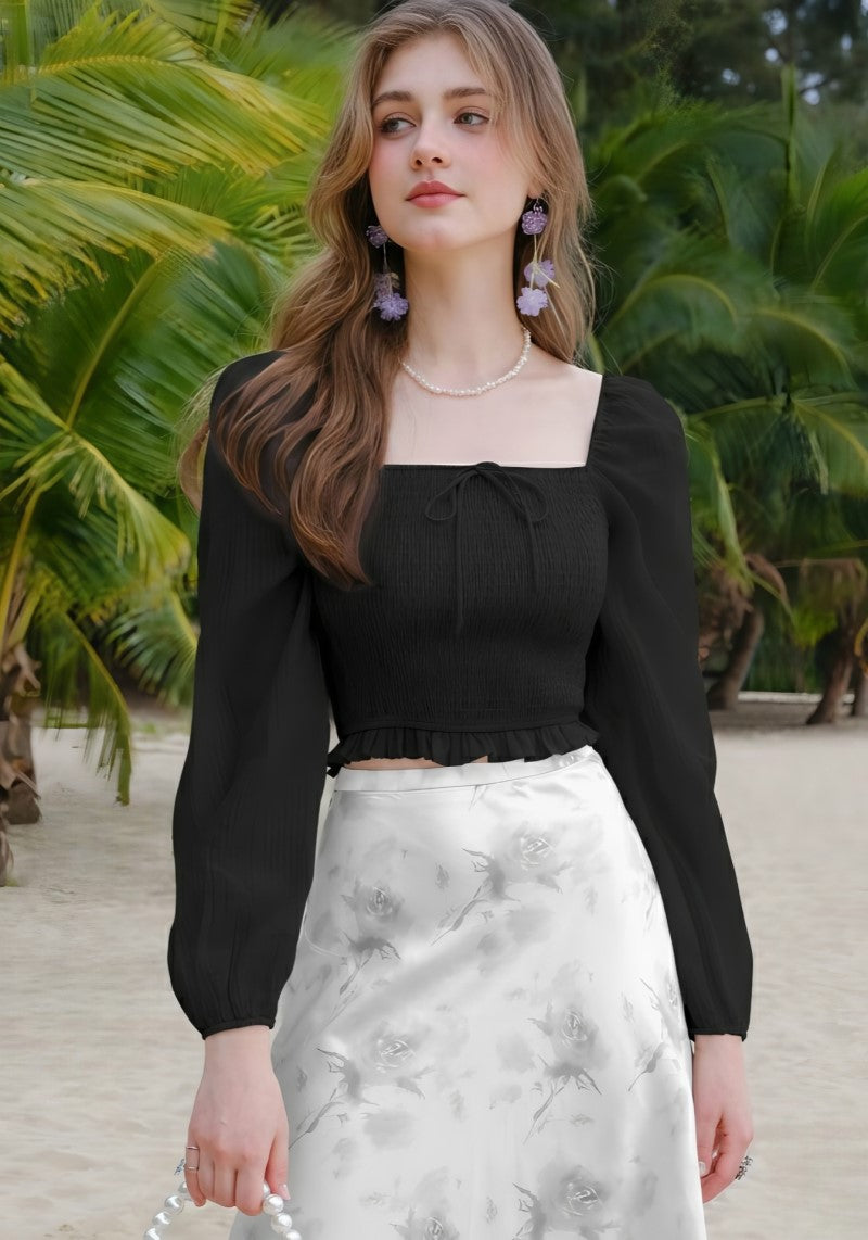 Black square neck puff sleeve top for women front view – Snazzyhunt